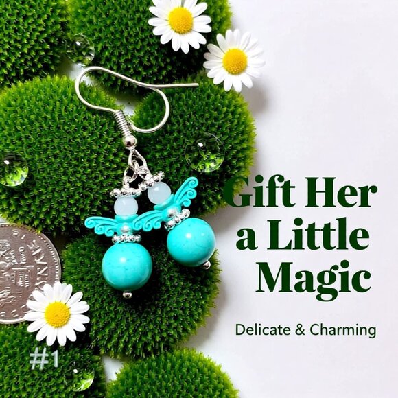 Handmade! Aqua Painted Patina Angel Earrings! Love & Blessings 4 Adults or Girls - Picture 3 of 9